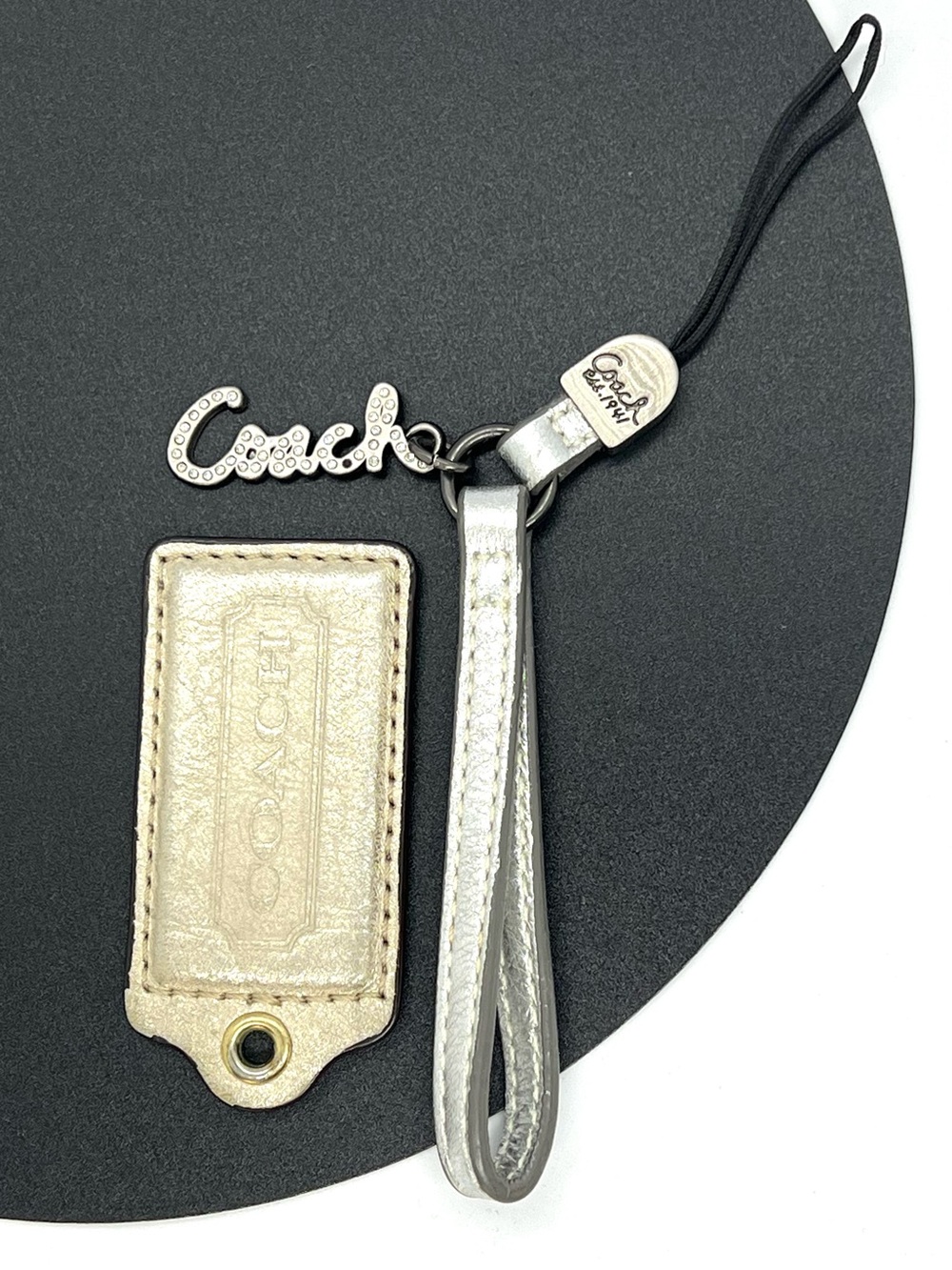 Vintage Y2K Coach Script Logo Charm Phone Strap Gold Hangtag Set